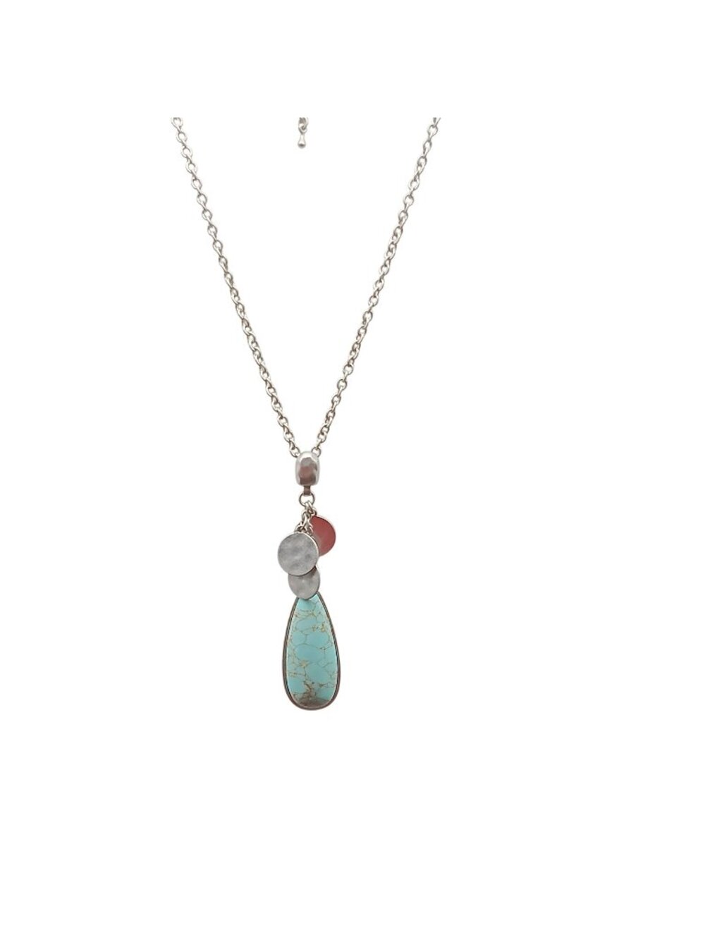 Silver & Turquoise Pendant Necklace With Hammered Discs By JK By Thirty-One